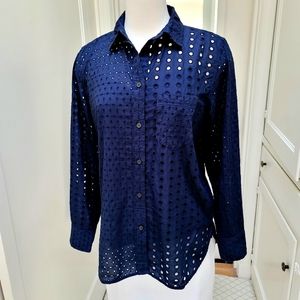 New! J. Crew sz 8 Classic Fit Eyelet Button Up Navy Blue Shirt NWT